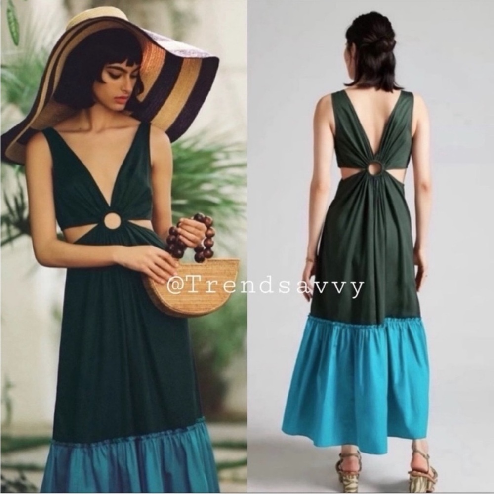 Anthropologie Geisha Designs Green Blue Cut-Out Color-block Maxi Dress Resort 14